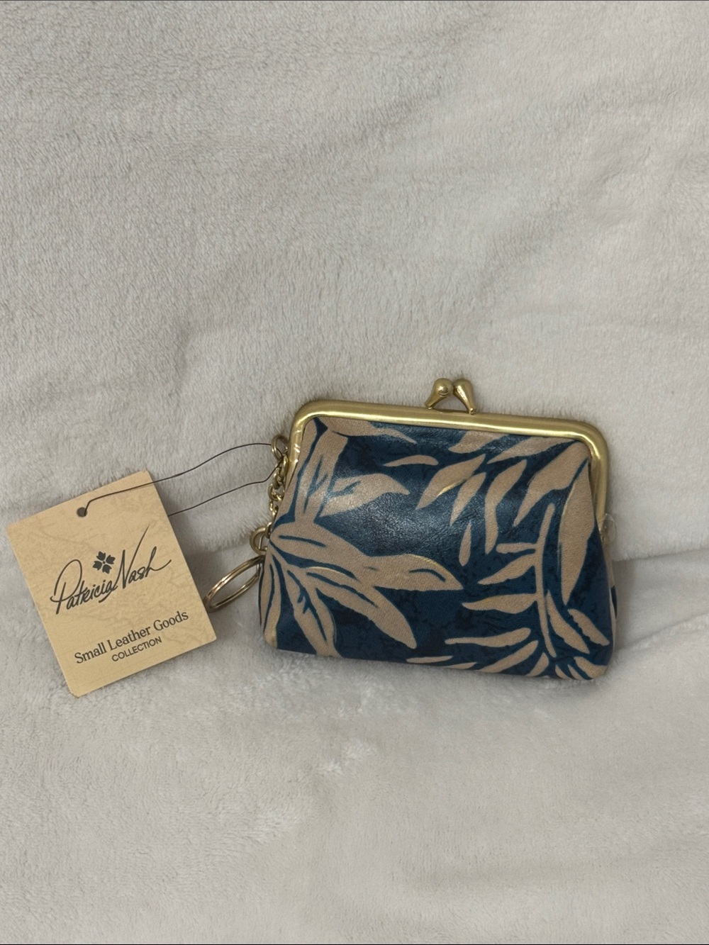 Patricia Nash Navy and Tan Leaf-Print Leather Kiss-Lock Coin Purse